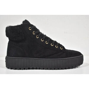 Chanel 21K Black Suede Shearling Fur CC Logo Lace Up High Top Sneaker Boots 41